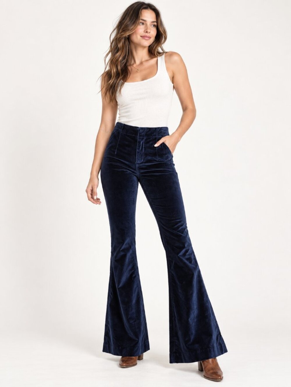 Free People Oxanna Velvet Flare Pants Navy Blue Size 30